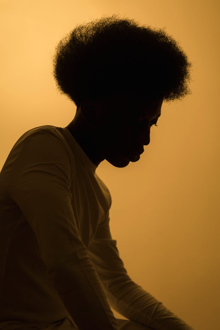 Artistic silhouette of a man with afro hair, captured in dramatic studio lighting for a striking visual effect.